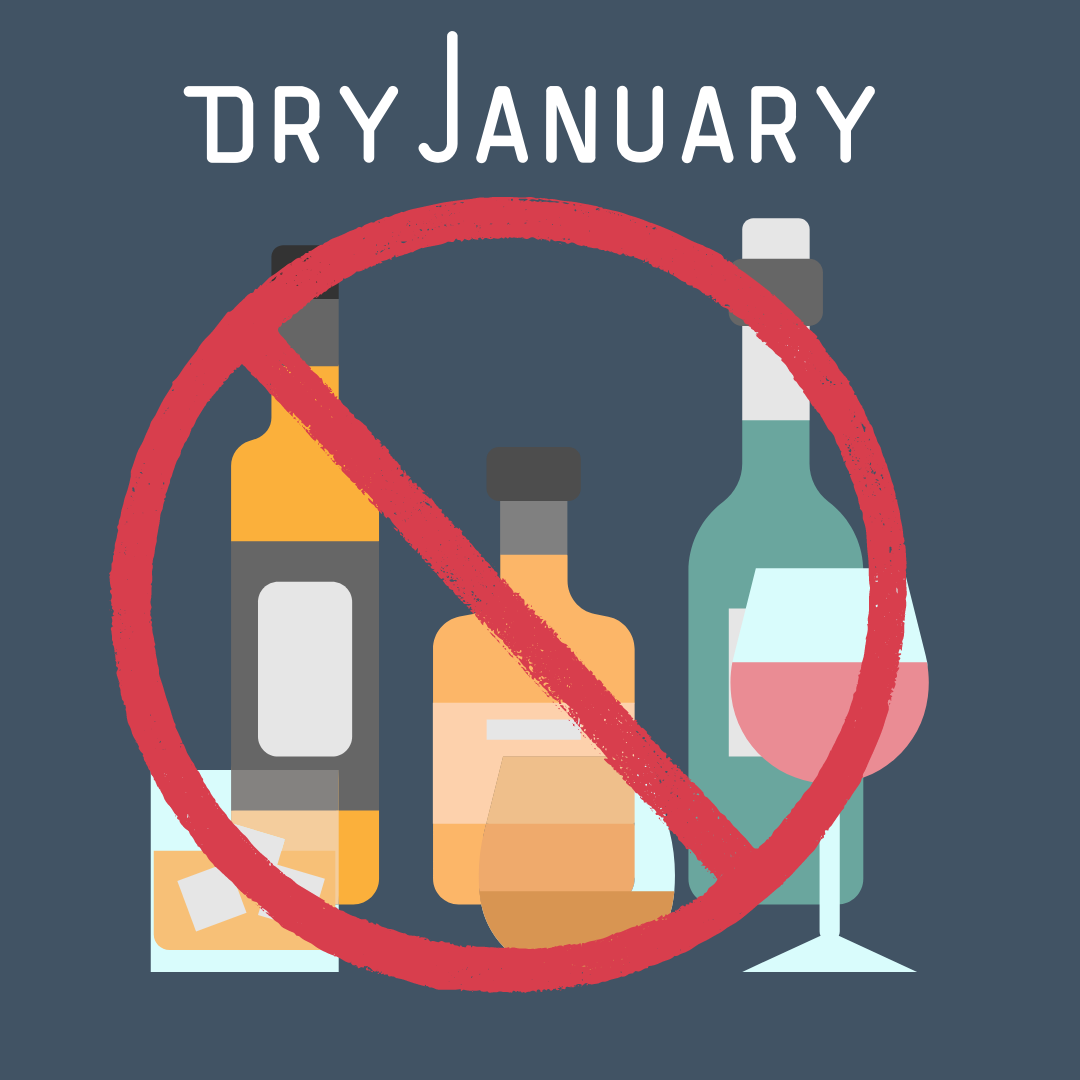 Dry January. Graphic of a bunch of alcohol bottles and glasses with a circle and line through across it.