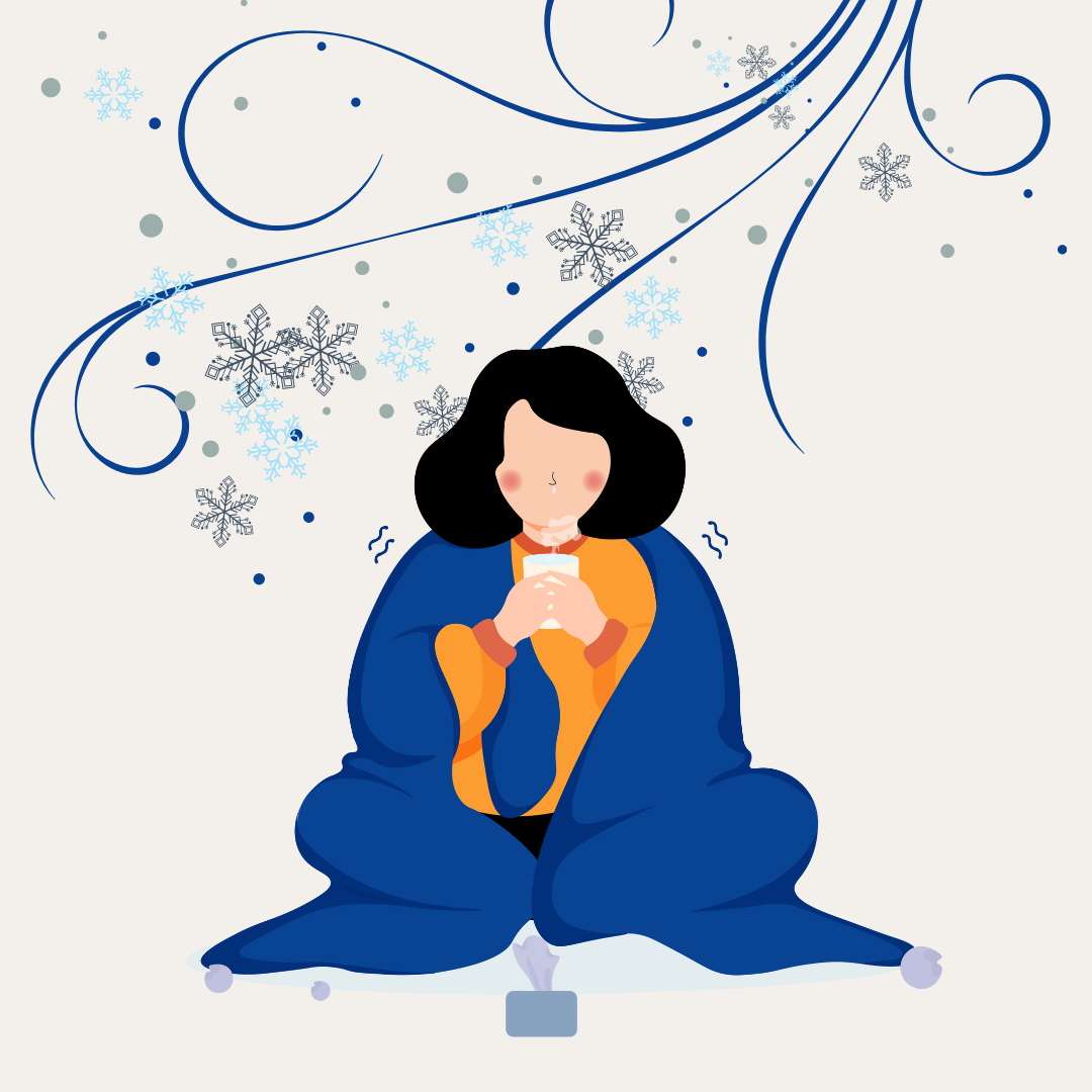 Graphic of Woman shivering under blanket with mug of something and snow and wind overhead.