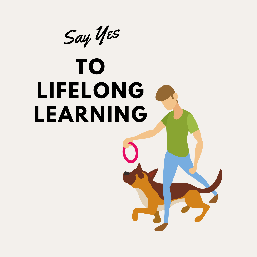 Test - Say Yes to lifelong learning. Man with a dog teaching him a new trick with a hoop