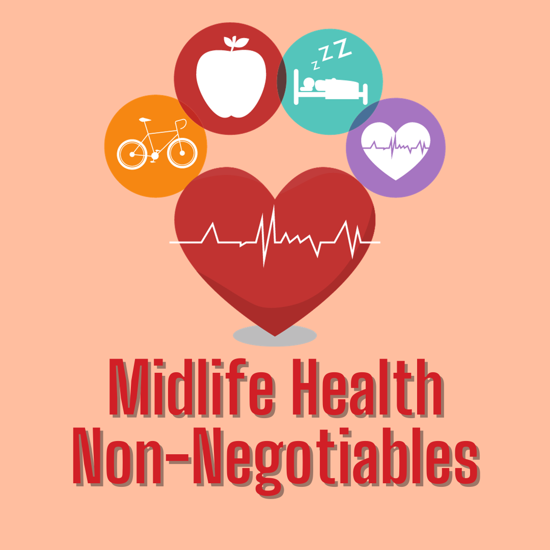 A heart beating surrounded with bubbles of all of the things we need to focus on in our health. Text is Midlife Health Non-Negotiables