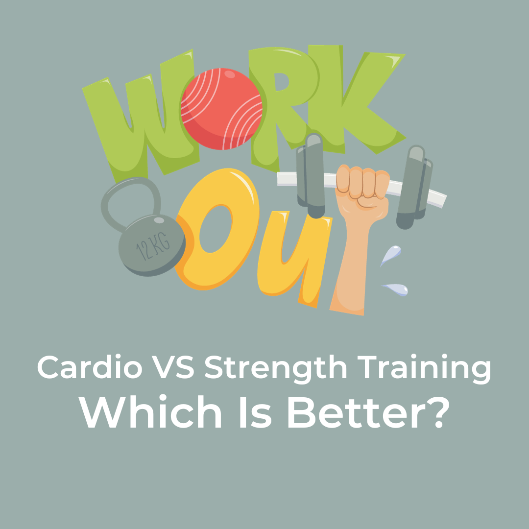 The purpose of this photo is to ask the question - Cardio Exercise or Strength Training - Which is Better. There is a graphic of the words Work Out with dumbells.